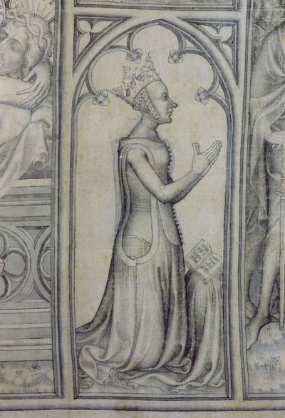 Das Parement von Narbonne, Detail von Jeanne de Bourbon (1338-77) beim Beten, ca. 1375 (Grisaille auf Seide) (Detail) von French School